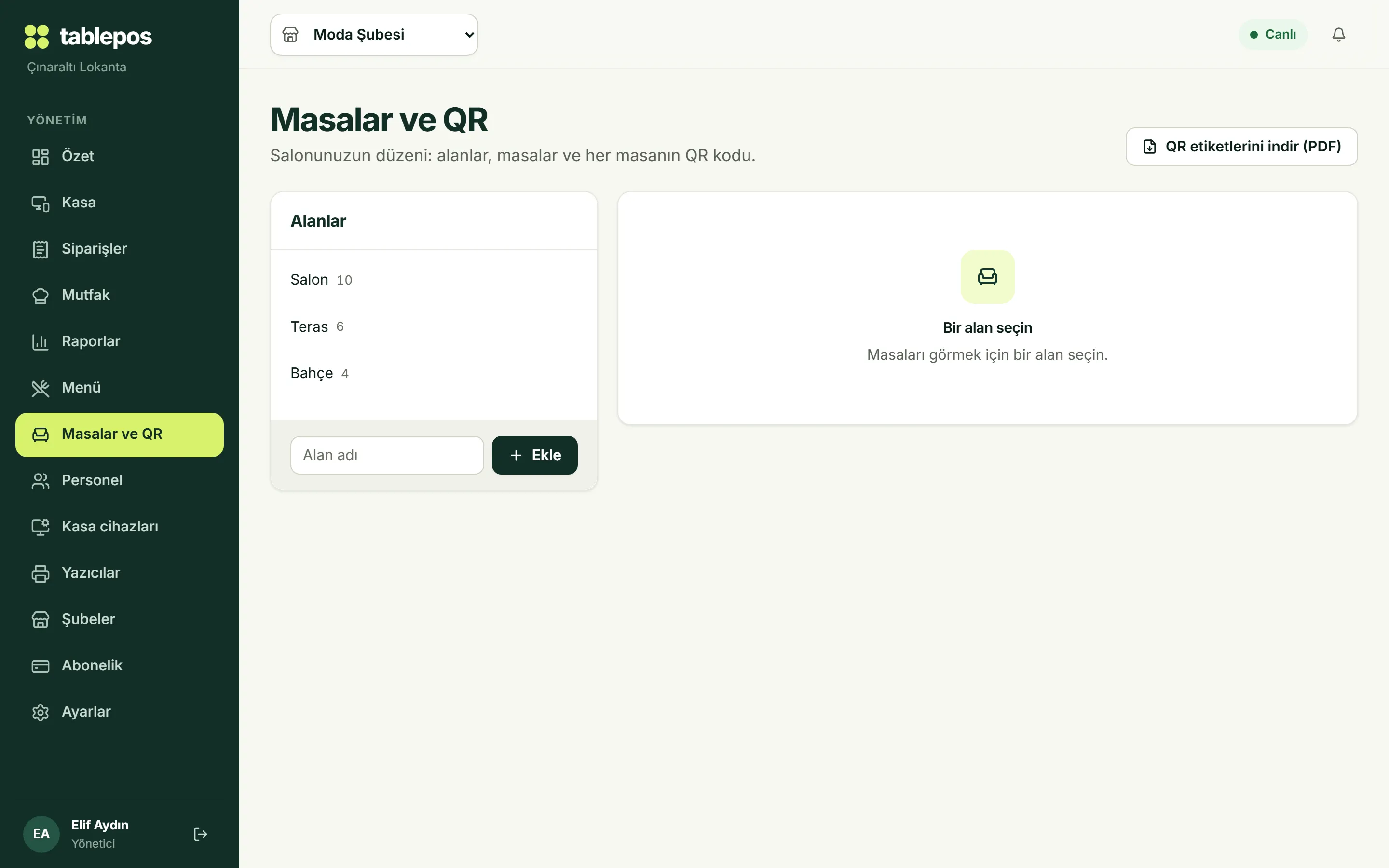 Masalar ve QR yönetimi